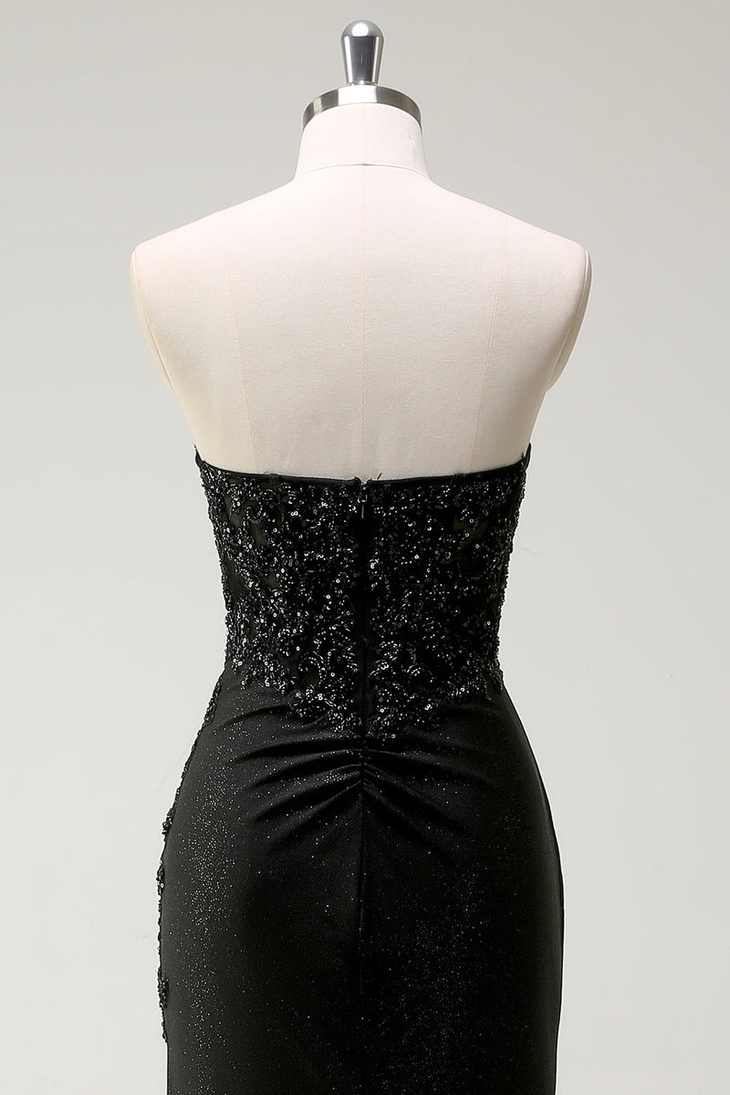 Laden Sie das Bild in den Galerie-Viewer, Glitzer Schwarz Herzhals Pailletten Langes Ballkleid mit Schlitz