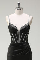 Laden Sie das Bild in den Galerie-Viewer, Schwarz Meerjungfrau Spaghettiträger Korsett Langes Ballkleid mit Schlitz