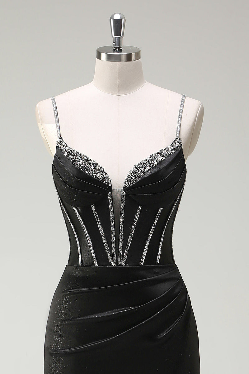 Laden Sie das Bild in den Galerie-Viewer, Schwarz Meerjungfrau Spaghettiträger Korsett Langes Ballkleid mit Schlitz