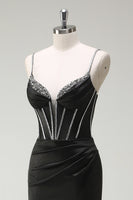 Laden Sie das Bild in den Galerie-Viewer, Schwarz Meerjungfrau Spaghettiträger Korsett Langes Ballkleid mit Schlitz