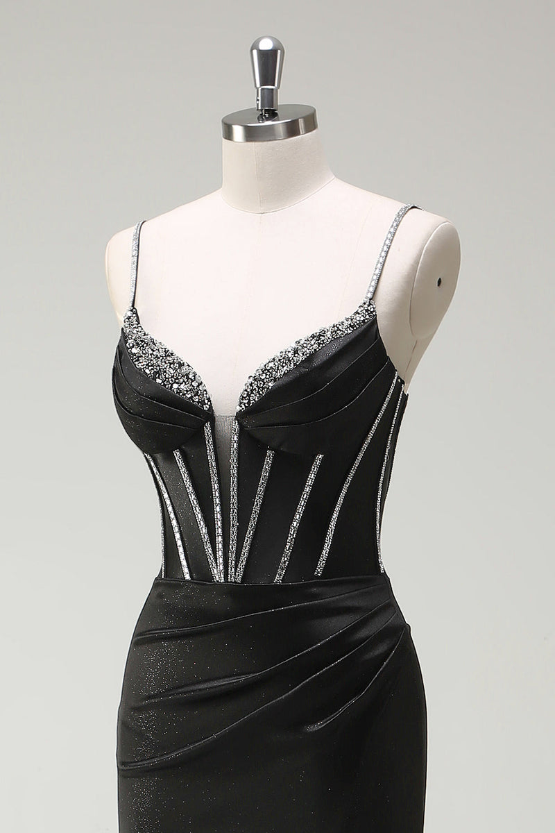 Laden Sie das Bild in den Galerie-Viewer, Schwarz Meerjungfrau Spaghettiträger Korsett Langes Ballkleid mit Schlitz