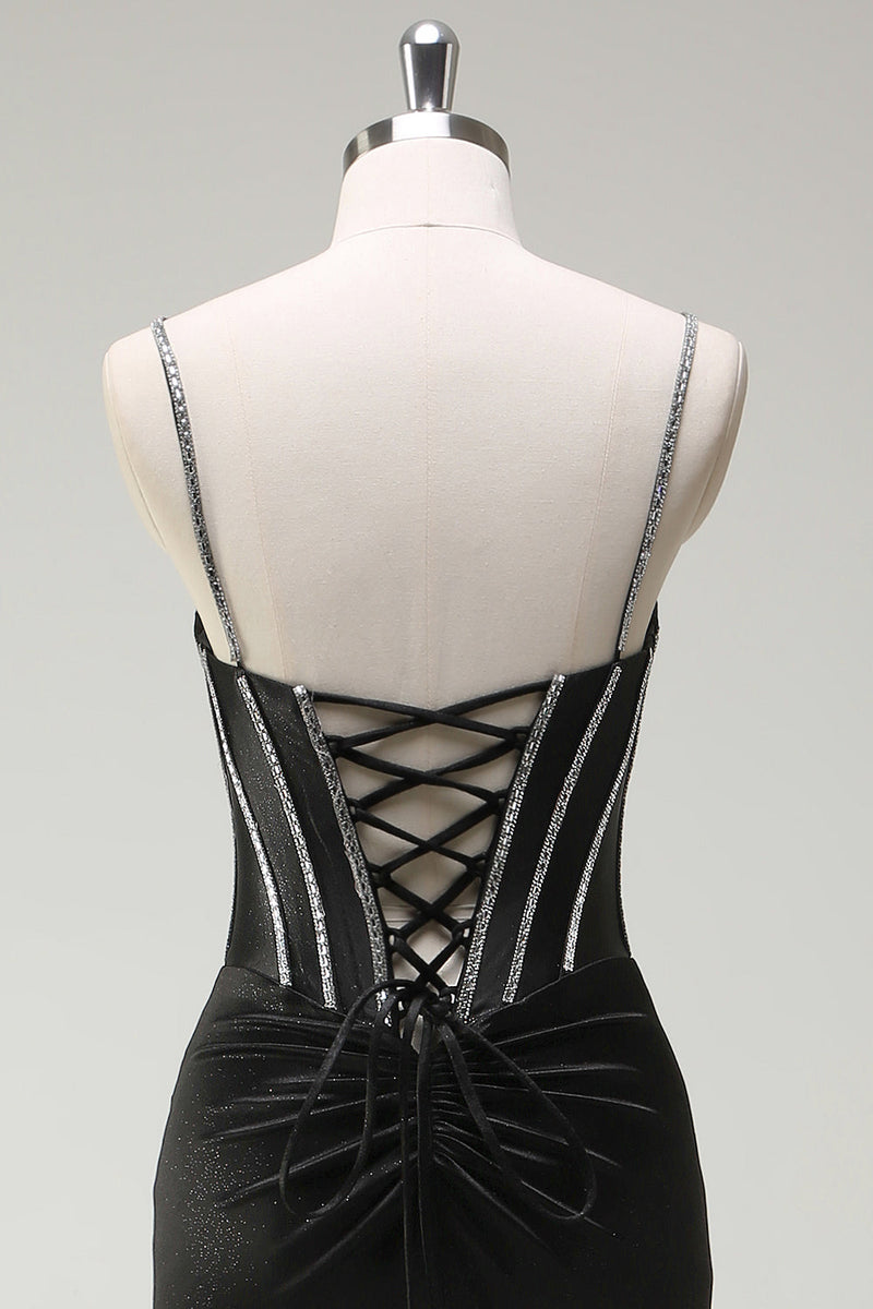 Laden Sie das Bild in den Galerie-Viewer, Schwarz Meerjungfrau Spaghettiträger Korsett Langes Ballkleid mit Schlitz