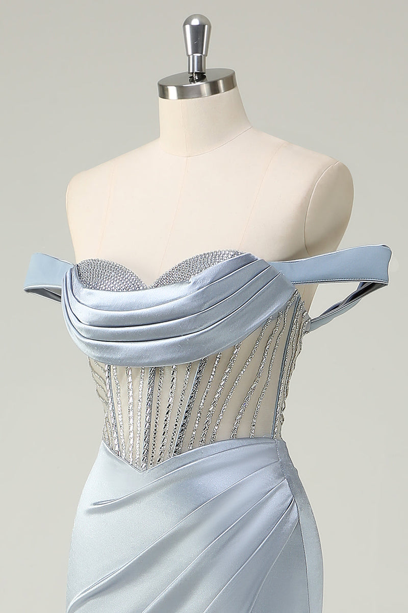 Laden Sie das Bild in den Galerie-Viewer, Staubblaues Meerjungfrauen Korsett Schulterfreies Langes Ballkleid mit Schlitz