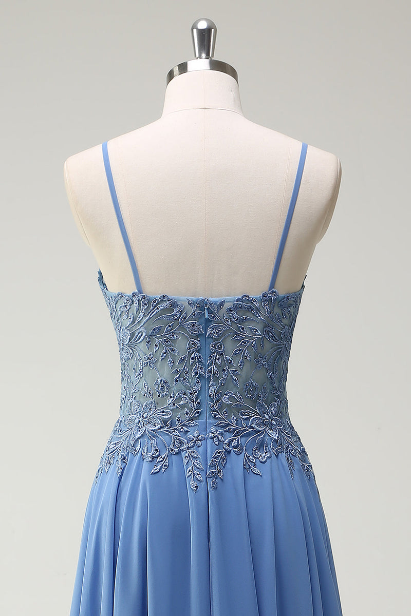 Laden Sie das Bild in den Galerie-Viewer, A Linie Graublau Spaghettiträger Langes Ballkleid mit Applikationen