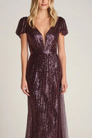 Laden Sie das Bild in den Galerie-Viewer, Burgunderrot Glitzer V-Ausschnitt Pailletten Langes Abendkleid mit Ärmeln