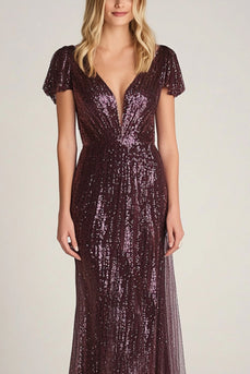 Burgunderrot Glitzer V-Ausschnitt Pailletten Langes Abendkleid mit Ärmeln