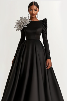 Schwarz Satin A Linie Langes Ärmeln Abendkleid mit Glitzer Blumen