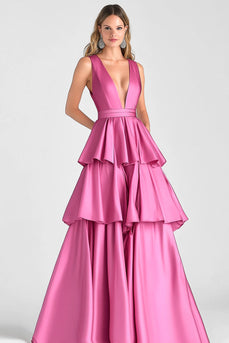 Fuchsia V-Ausschnitt Gestufte Satin Langes Abendkleid