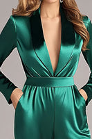Laden Sie das Bild in den Galerie-Viewer, Dunkelgrün Satin V-Ausschnitt Ball-Overall mit Langen Ärmeln