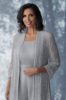 Laden Sie das Bild in den Galerie-Viewer, Glitzer Hellgrauer U-Ausschnitt Overall mit Jacke