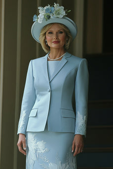 Blumen Gestickt Blau Satin Kleid für die Brautmutter mit Jacke