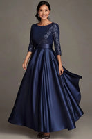 Laden Sie das Bild in den Galerie-Viewer, Glitzer Marineblau Rundhals Satin Kleid für die Brautmutter