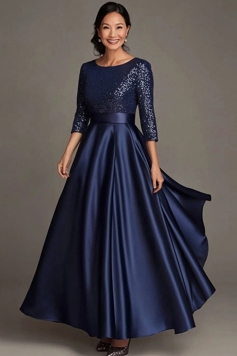 Laden Sie das Bild in den Galerie-Viewer, Glitzer Marineblau Rundhals Satin Kleid für die Brautmutter
