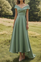 Laden Sie das Bild in den Galerie-Viewer, Salbei Schulterfrei A Linie Satin Langes Abendkleid