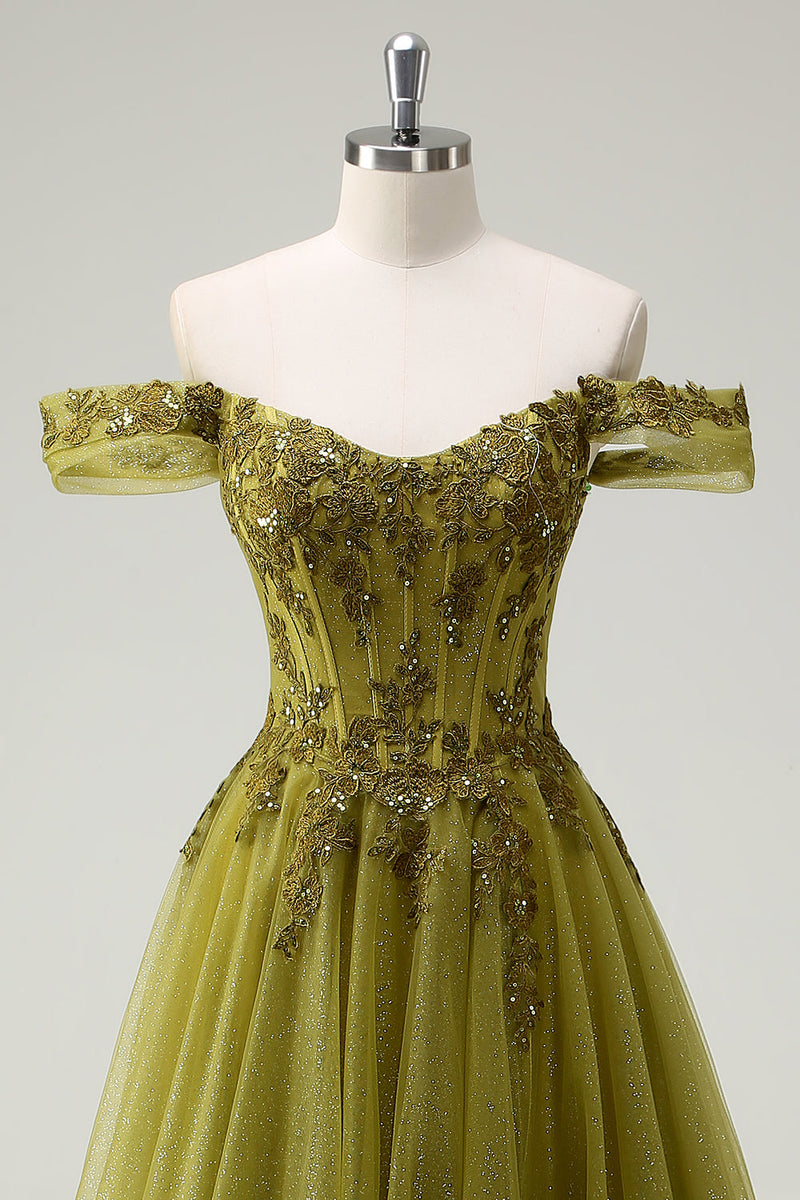 Laden Sie das Bild in den Galerie-Viewer, A Linie Armee Grün Schulterfreies Langes Ballkleid mit Schlitz