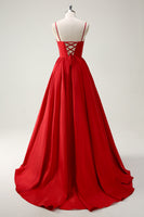 Laden Sie das Bild in den Galerie-Viewer, Rote Spaghettiträger A Linie Korsett Langes Ballkleid mit Schlitz