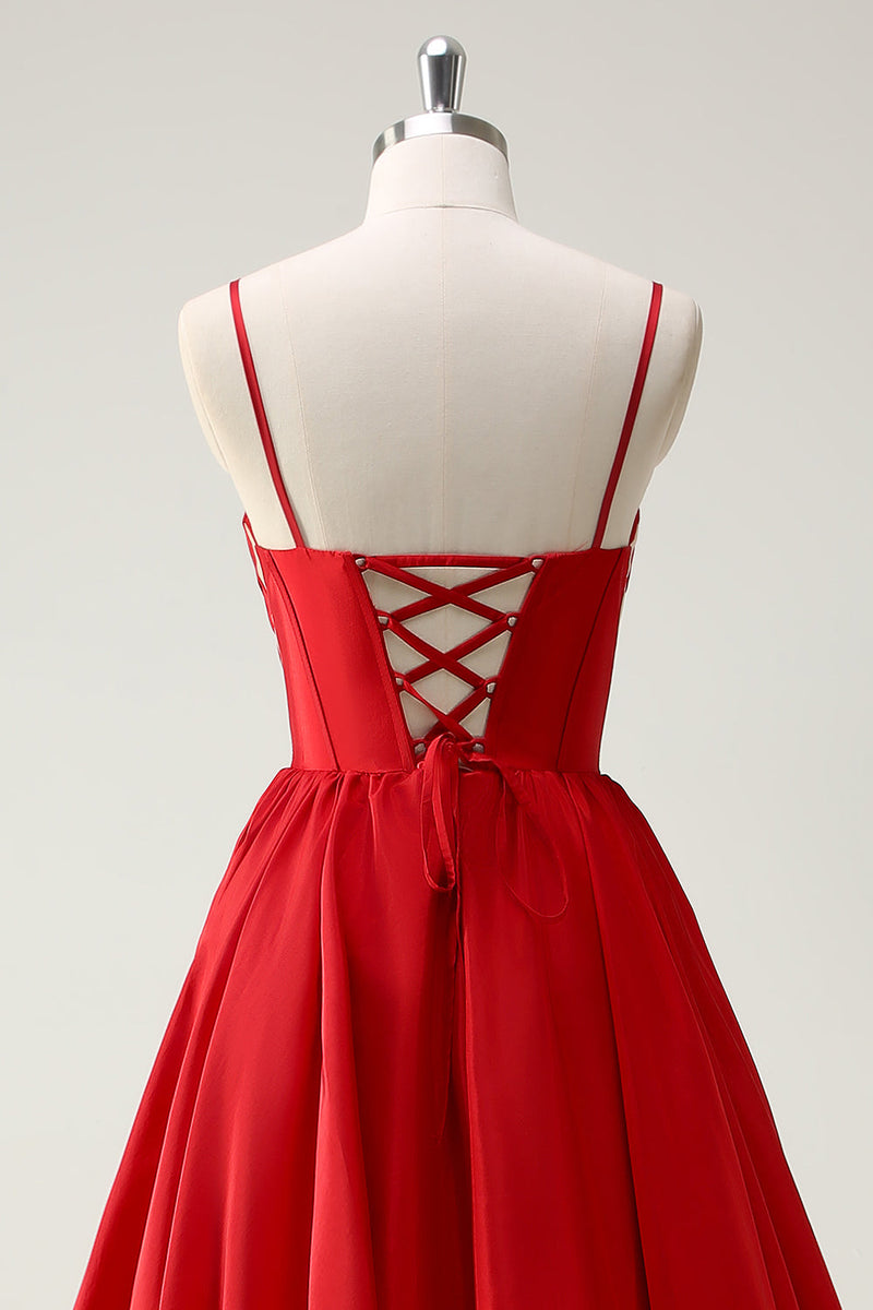 Laden Sie das Bild in den Galerie-Viewer, Rote Spaghettiträger A Linie Korsett Langes Ballkleid mit Schlitz