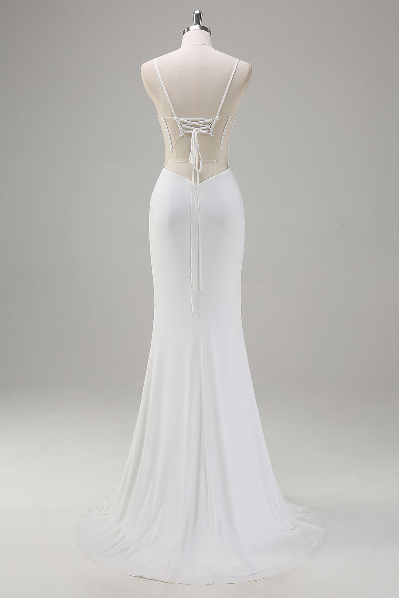 Laden Sie das Bild in den Galerie-Viewer, Weißes Meerjungfrauen Spaghettiträge Korsett Langes Ballkleid mit Schnürung Hinten