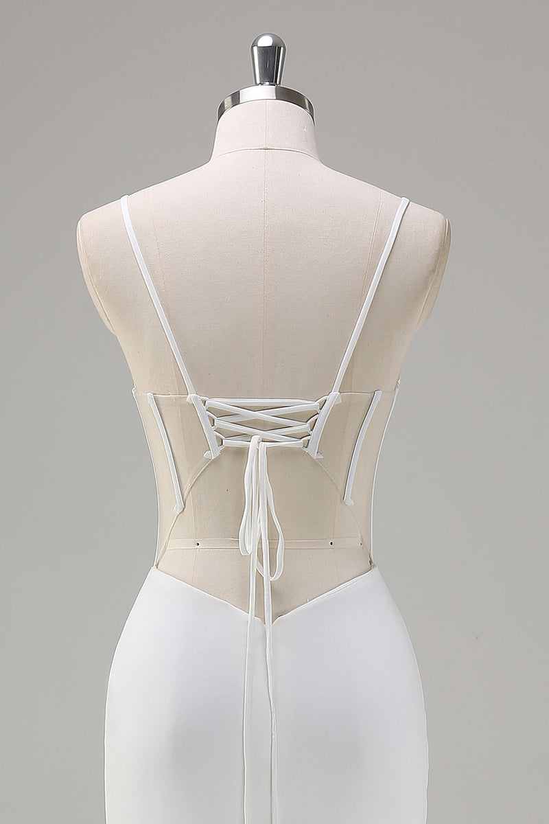 Laden Sie das Bild in den Galerie-Viewer, Weißes Meerjungfrauen Spaghettiträge Korsett Langes Ballkleid mit Schnürung Hinten