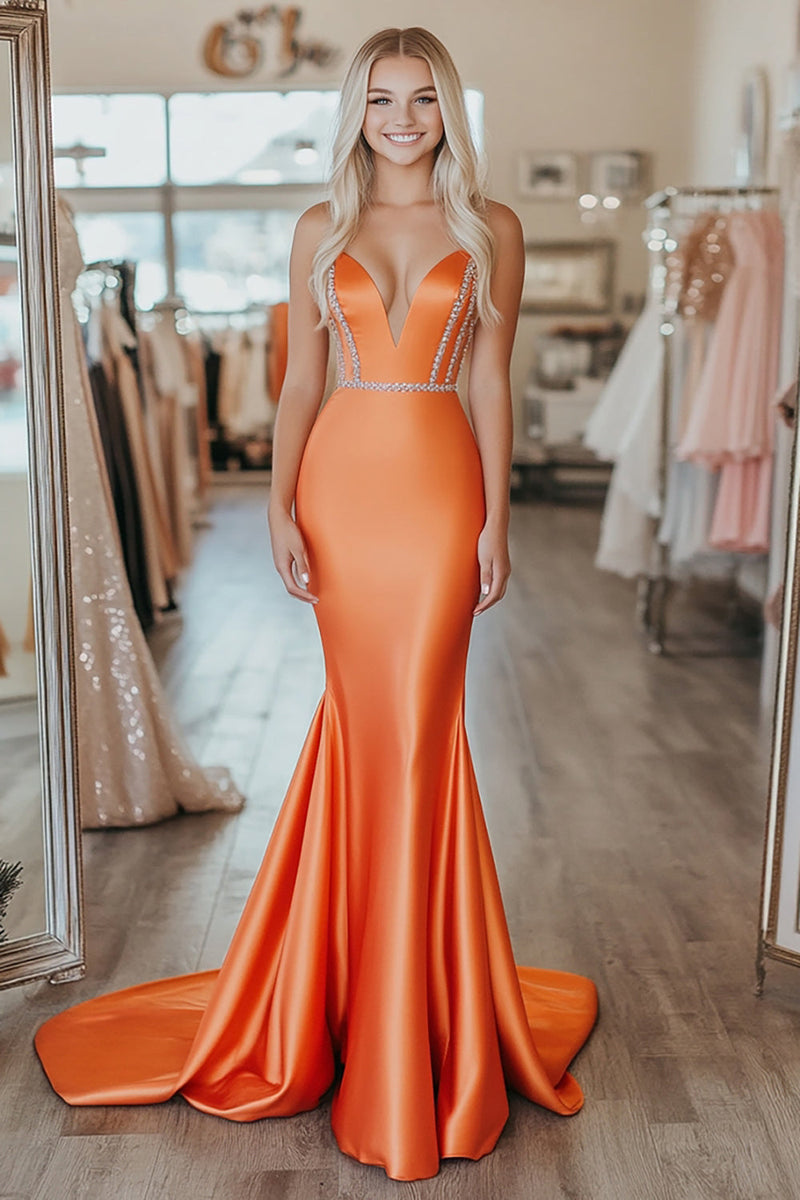 Laden Sie das Bild in den Galerie-Viewer, Orange Trägerloses Satin Meerjungfrau Abendkleid mit Perlen