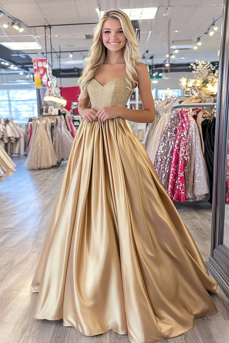 Laden Sie das Bild in den Galerie-Viewer, Glitzer Gold A Linie Korsett Satin Ballkleid mit Perlen