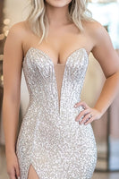 Laden Sie das Bild in den Galerie-Viewer, Glitzer Silber Korsett Pailletten Langes Ballkleid mit Schlitz