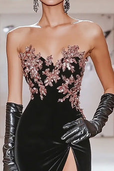 Schwarzes Herzhals Satin Meerjungfrau Ballkleid mit Blumen