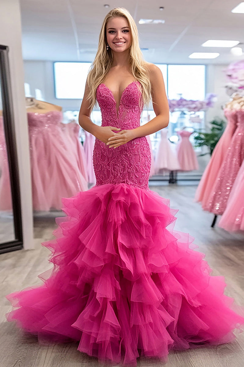 Laden Sie das Bild in den Galerie-Viewer, Fuchsia Herzhals Meerjungfrau Rüschen Tüll Ballkleid mit Applikation