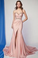 Laden Sie das Bild in den Galerie-Viewer, Erröten Herzhals Plissiertes Perlenbesetztes Abendkleid mit Schlitz