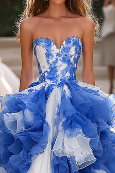 Blau Weißes Korsett Herzhals Lange Ballkleid