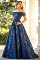 Laden Sie das Bild in den Galerie-Viewer, Marineblau Schulterfreie Jacquard A Linie Ballkleid