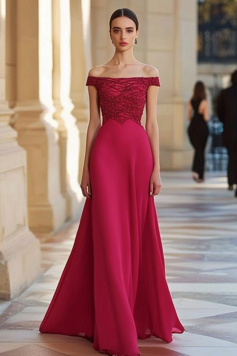 Laden Sie das Bild in den Galerie-Viewer, Glitzer Schulterfreies Rote Chiffon Formelles Kleid