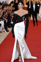 Laden Sie das Bild in den Galerie-Viewer, Queendancer Women Elegant Black White Satin Formal Dress with Slit Mermaid Off the Shoulder Long Sleeves Red Carpet Dress