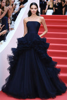 Laden Sie das Bild in den Galerie-Viewer, Marineblauem Tüll Trägerloses Formelles Kleid