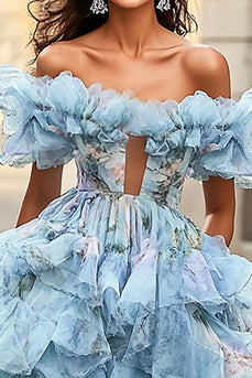 Blau Schulterfreies A Linie Ballkleid mit Rüschen