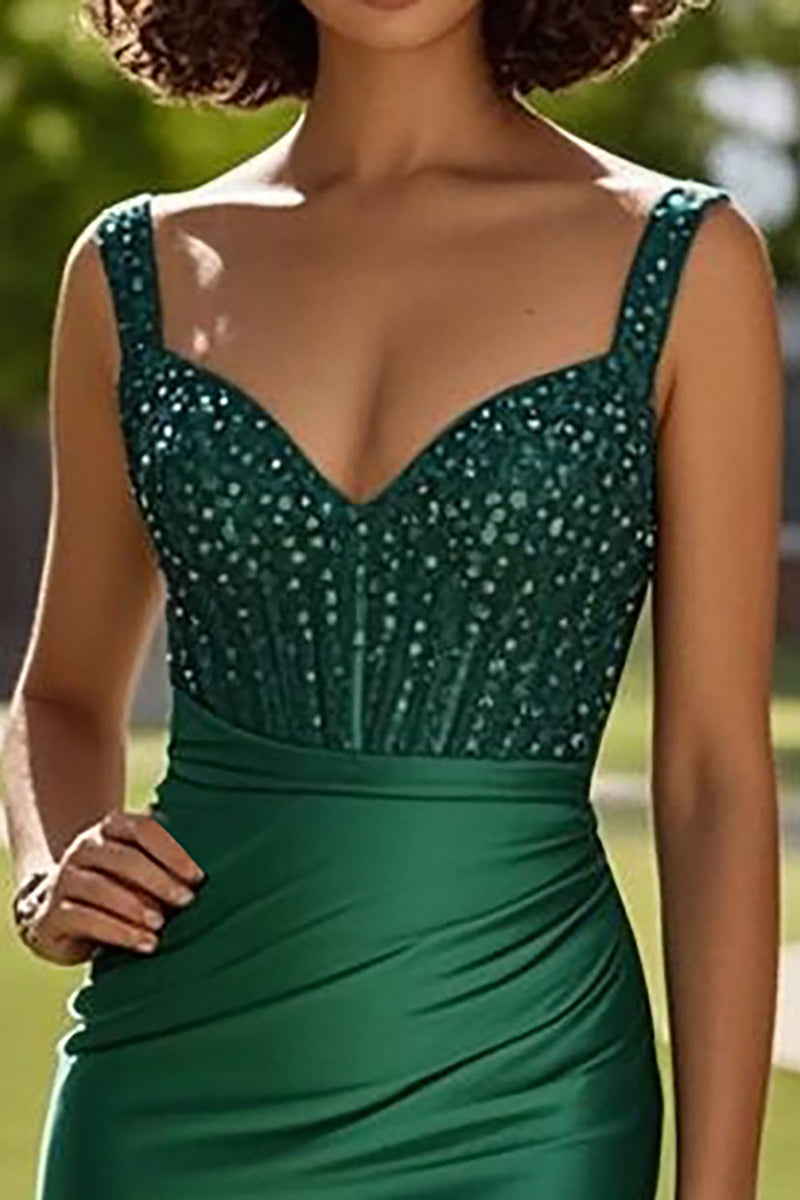 Laden Sie das Bild in den Galerie-Viewer, Glitzer Dunkelgrünes Korsett Perlen Langes Ballkleid mit Schlitz