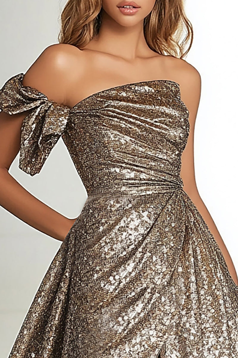 Laden Sie das Bild in den Galerie-Viewer, A Linie Metallic Gold Eine Schulter Langes Ballkleid mit Schlitz