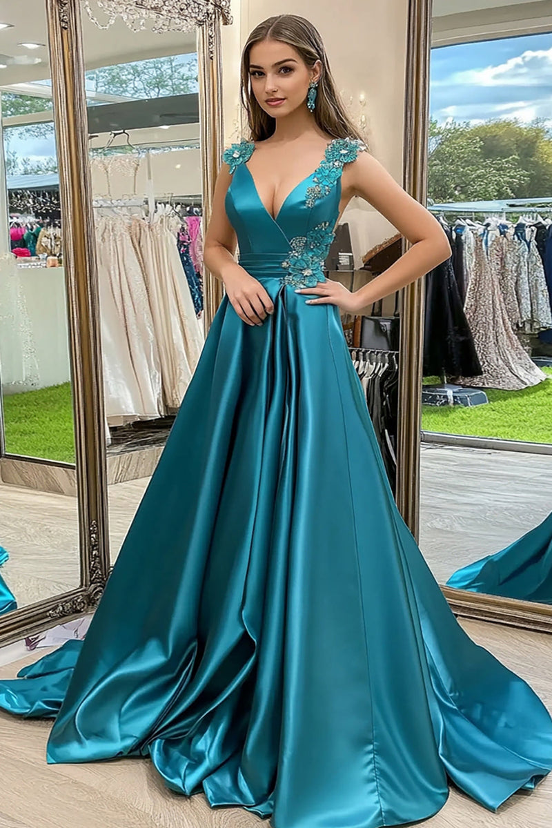 Laden Sie das Bild in den Galerie-Viewer, Pfauen V-Ausschnitt Satin A Linie Langes Ballkleid mit 3D-Blume