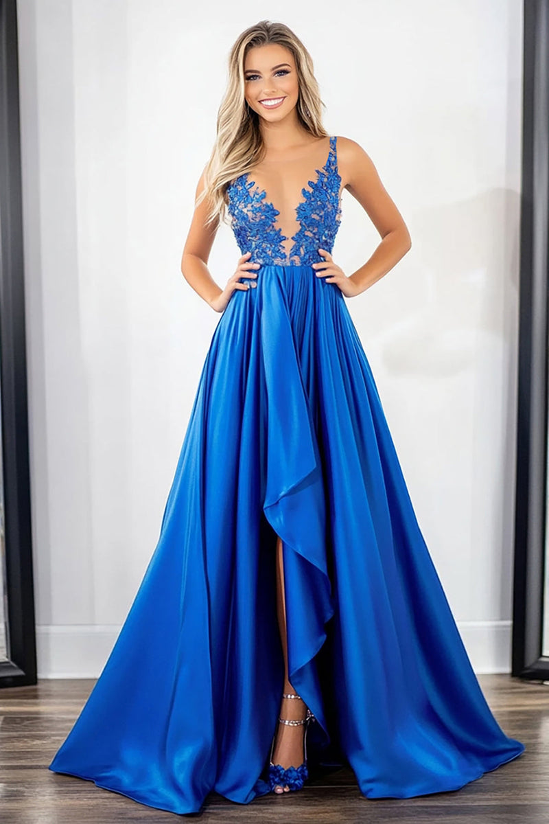 Laden Sie das Bild in den Galerie-Viewer, Königsblau Hoch-Tief A Linie Ballkleid mit Spitze Applikationen