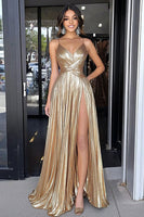 Laden Sie das Bild in den Galerie-Viewer, Gold A Linie Metallic V-Ausschnitt Bodenlanges Ballkleid mit Schlitz