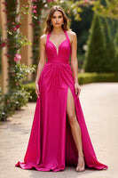 Laden Sie das Bild in den Galerie-Viewer, Fuchsia A Linien Neckholder Satin Langes Abendkleid mit Schlitz