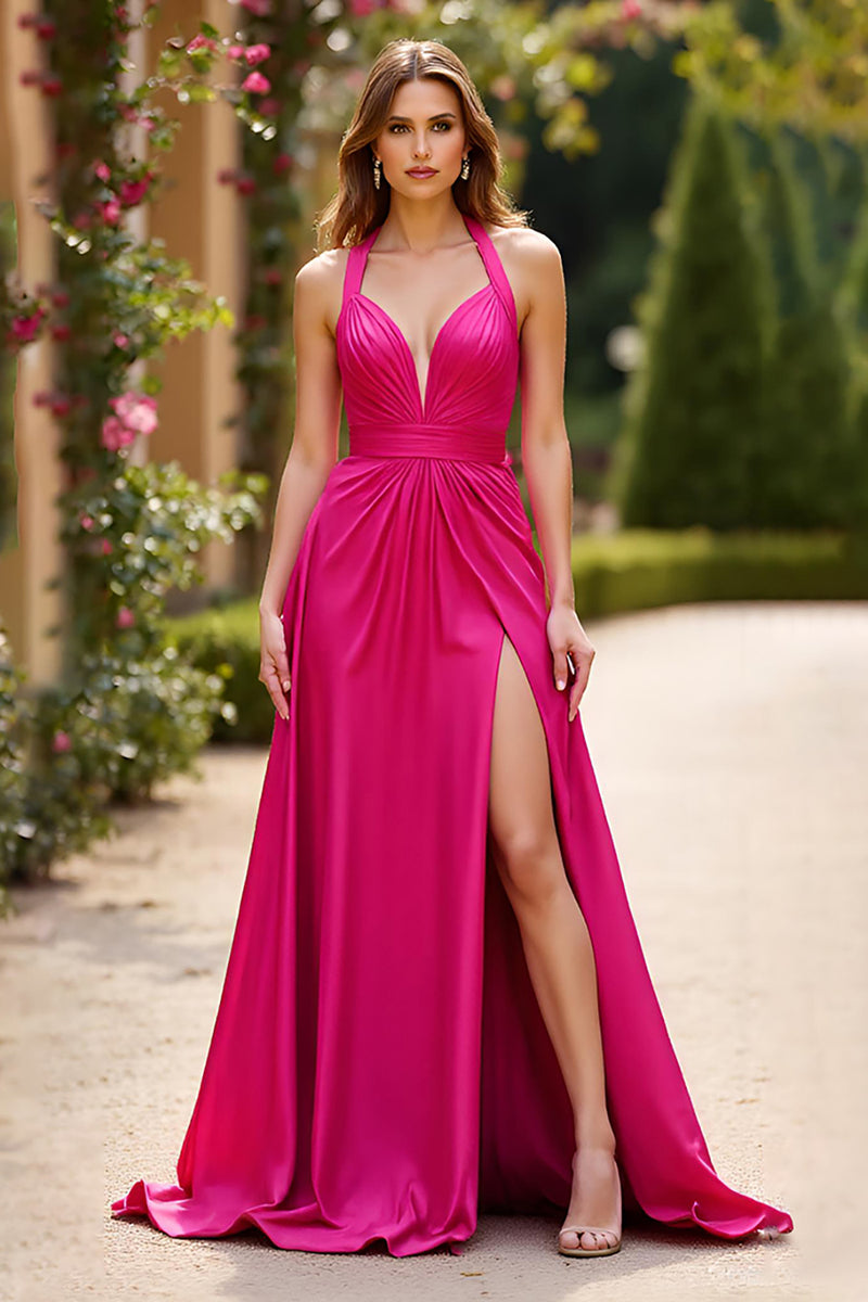 Laden Sie das Bild in den Galerie-Viewer, Fuchsia A Linien Neckholder Satin Langes Abendkleid mit Schlitz