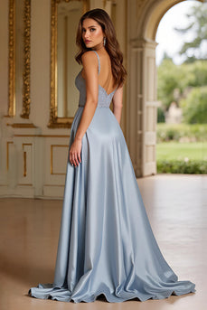 Staubiges Blau A Linien Satin Langes Abendkleid mit Schlitz
