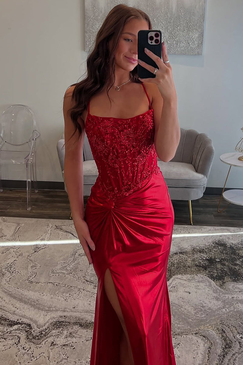 Laden Sie das Bild in den Galerie-Viewer, Rot Satin Korsett Meerjungfrau Lange Ballkleid mit Schlitz