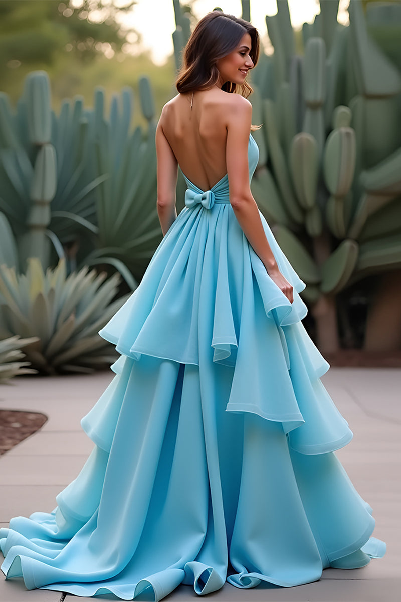 Laden Sie das Bild in den Galerie-Viewer, Blau A Linien Neckholder Rückenfrei Langes Abendkleid mit Schleife