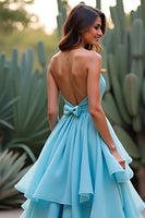 Laden Sie das Bild in den Galerie-Viewer, Blau A Linien Neckholder Rückenfrei Langes Abendkleid mit Schleife