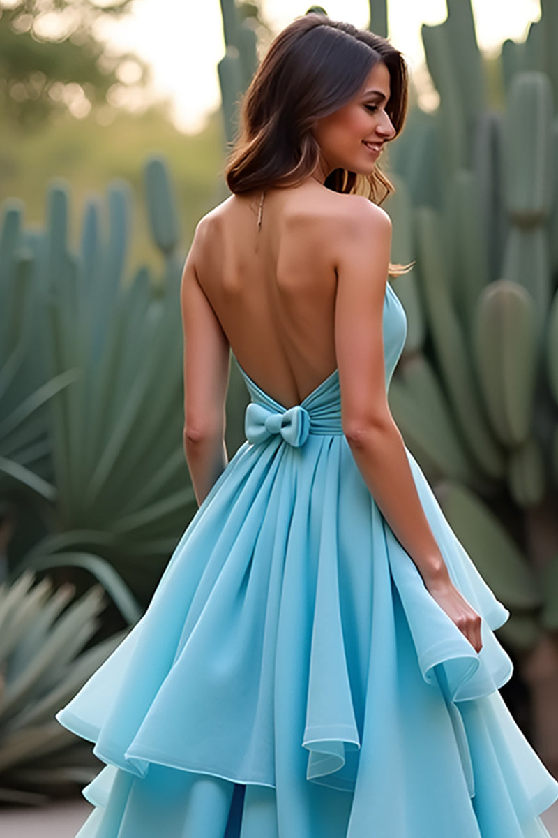 Laden Sie das Bild in den Galerie-Viewer, Blau A Linien Neckholder Rückenfrei Langes Abendkleid mit Schleife