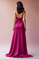 Laden Sie das Bild in den Galerie-Viewer, Fuchsia A Linien Rückenfrei Satin Spaghettiträger Langes Abendkleid mit Schlitz