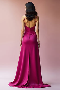 Fuchsia A Linien Rückenfrei Satin Spaghettiträger Langes Abendkleid mit Schlitz