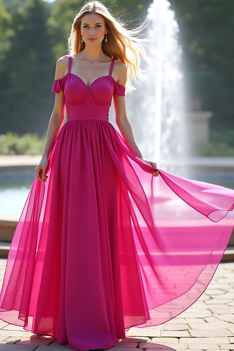 Laden Sie das Bild in den Galerie-Viewer, Fuchsia A Linien Rückenfrei Langes Abendkleid